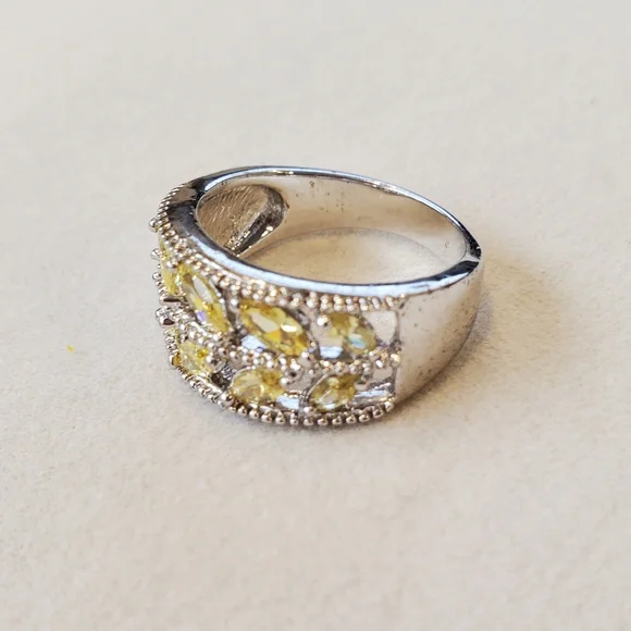 Elegant Women's Silver Ring w/ Yellow Citrine Stones Leafy Vine Design Size 7 - Picture 5 of 10